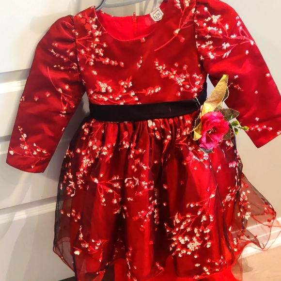 Unused high low girls party gown, full sleeve red color floral design, 4-5yrs - Picture 3 of 6